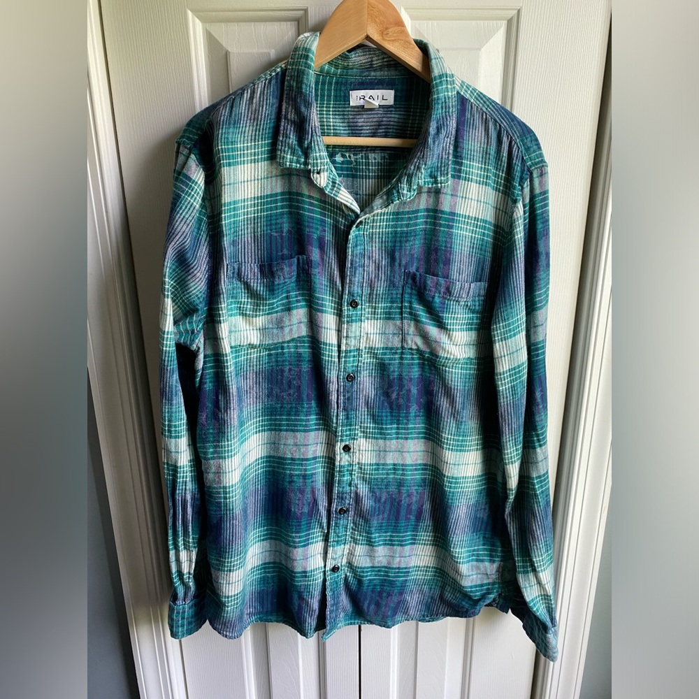 The Rail Mens Flannel Long Sleeve Button Down Shirt Green Blue Plaid Size XL